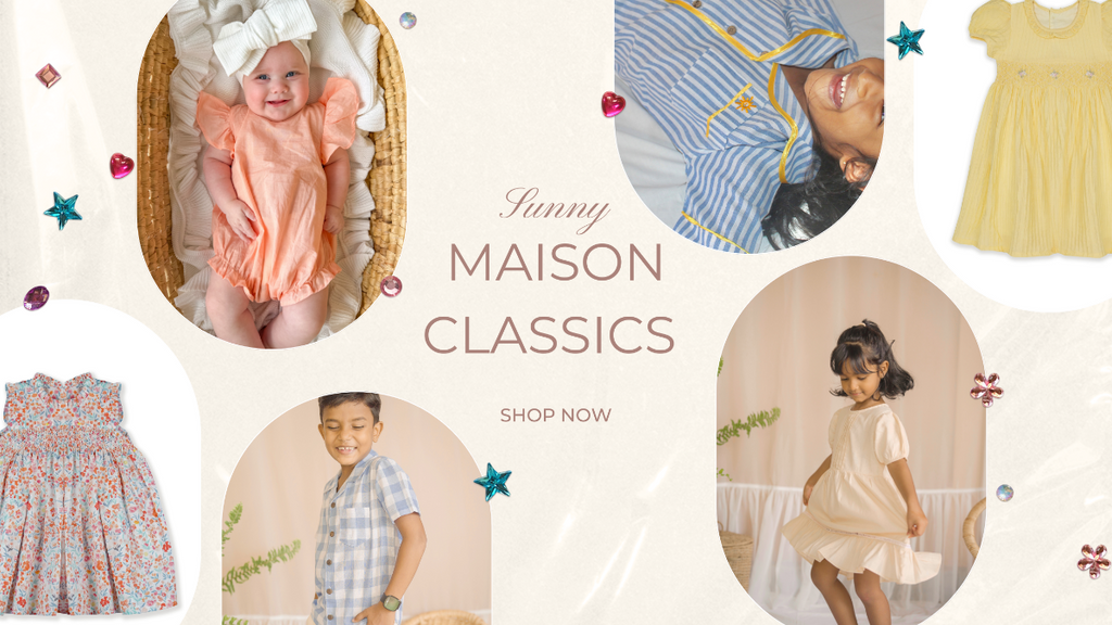 Collage of children's clothing with 'Lunny Maison Classics' text and 'Shop Now' call to action.