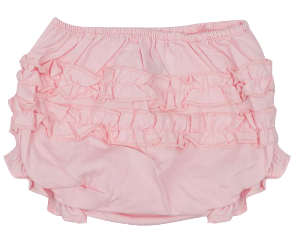 Pink ruffled bloomers on a white background